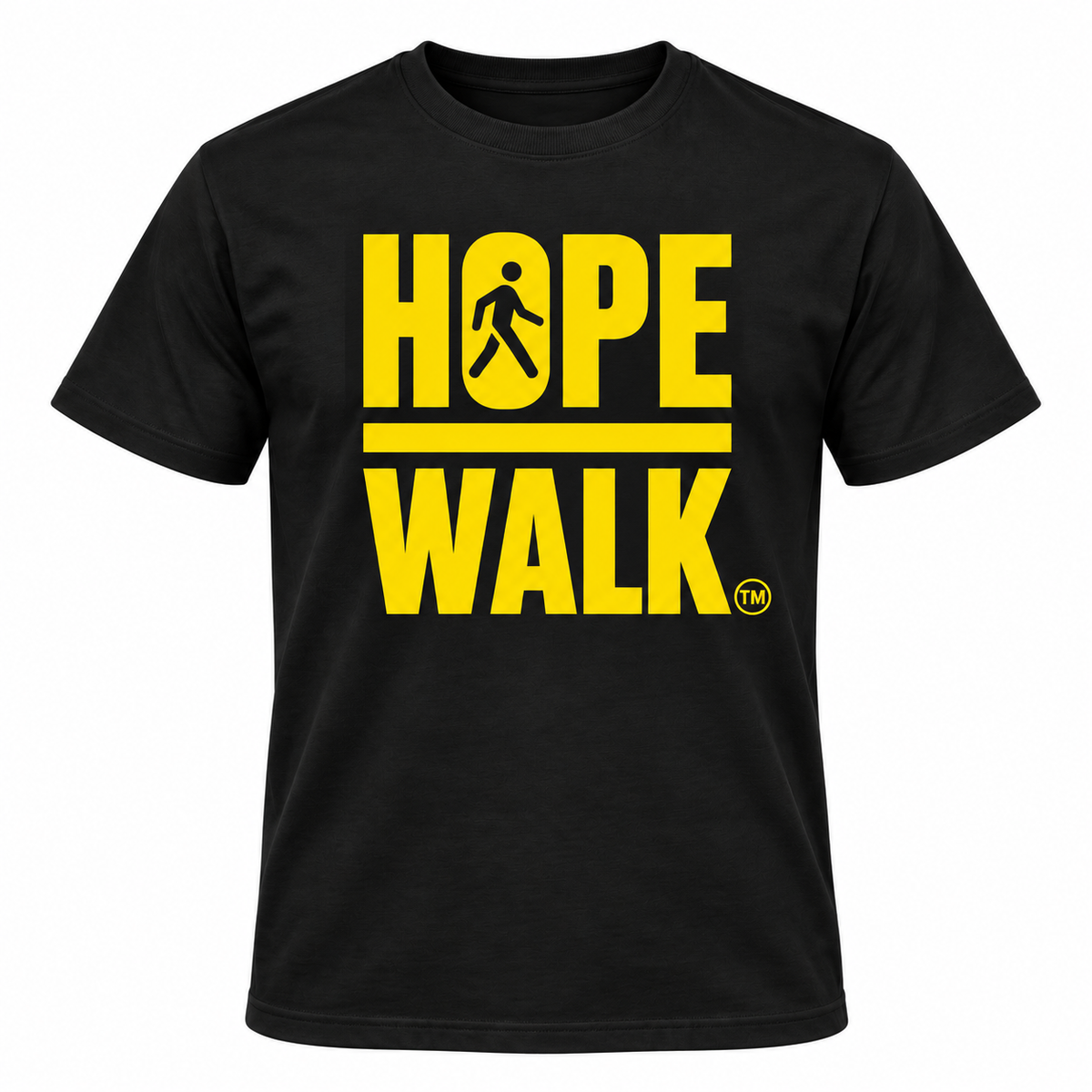 Black HOPE Walk supporter T-shirt with yellow walking-person logo — mockup