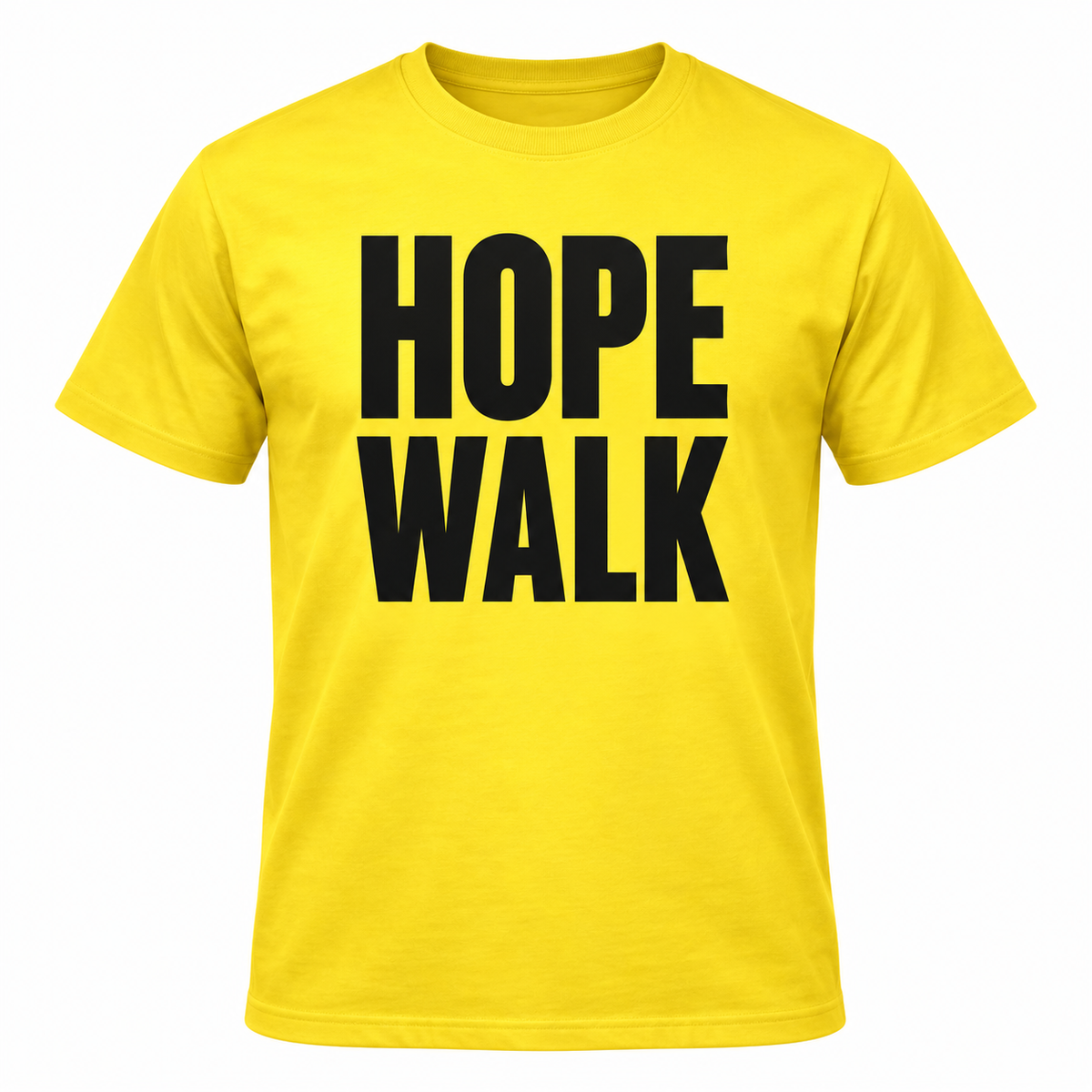 Yellow HOPE Walk supporter T-shirt with plain black HOPE WALK lettering — mockup