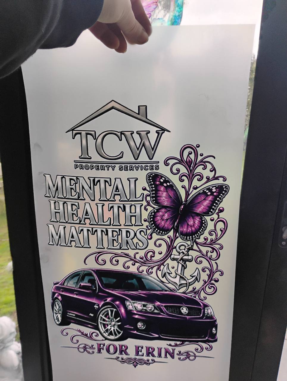 Printed transfer sheet with the TCW logo, Mental Health Matters lettering, butterfly, anchor, car and For Erin dedication.