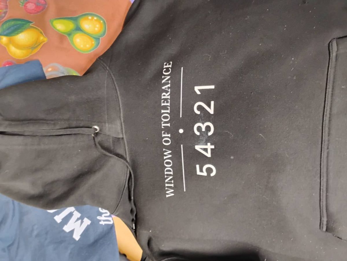 Black hoodie with white Window of Tolerance lettering and 54321 numerals across the chest.